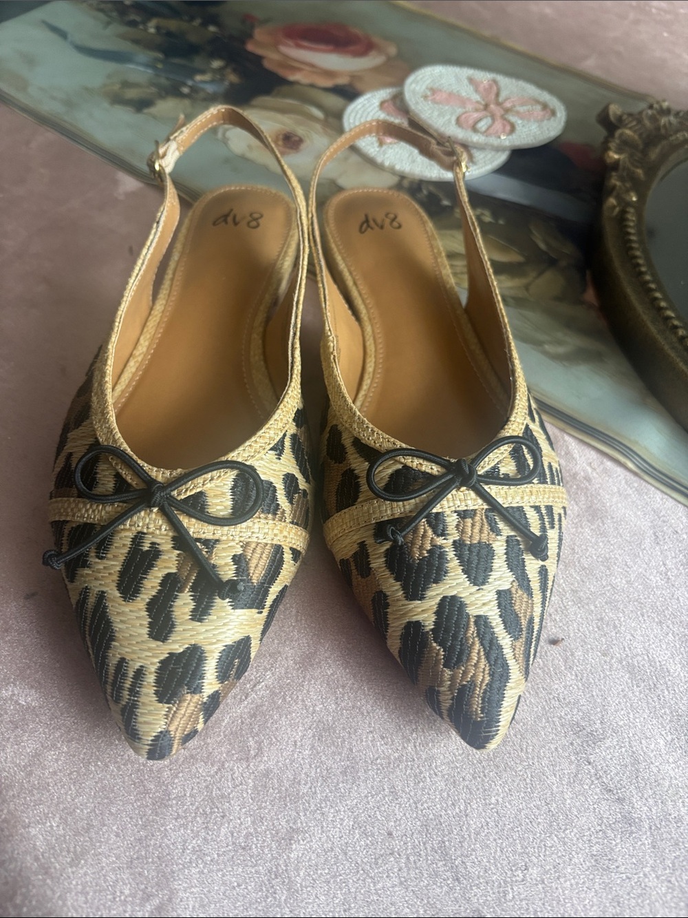 Leopard Print Pointed Slingback Flats - Tan/Black